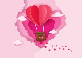 Paper art style of origami heart shaped hot air balloon floating heart shaped clouds, Love and Valentine's day concept vector