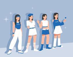 A group of female idols dressed in blue is standing in a cool pose. vector