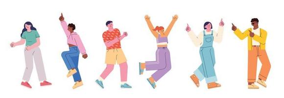 People are dancing happily. Characters with big hands and feet. A tall and small head character. vector