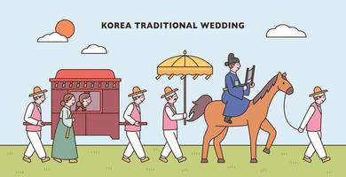 Korean traditional wedding. The groom is on horseback and the bride is on a carriage. vector