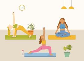 People are doing yoga in a yoga center. flat design style vector illustration.