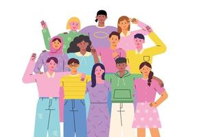 People of different races and styles are standing together and smiling. flat design style vector illustration.