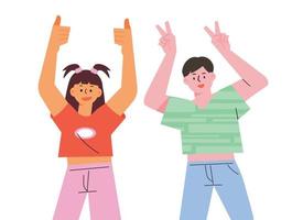 Two cute friends are smiling while doing thumb up and V poses. flat design style vector illustration.