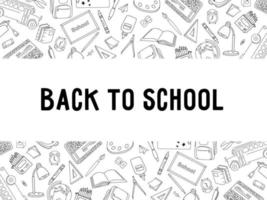 banner de regreso a la escuela en blanco y negro hecho de elementos de doodle. banner escolar para estudiantes para el comienzo del año escolar. ilustración vectorial dibujada a mano con texto editable. vector