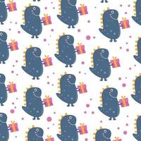 Cute dinosaur pattern with gifts. Happy Birthday pattern on a bright background. Vector for wrapping paper, baby clothes, pajamas and children's bed covers