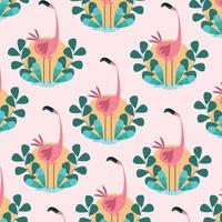 Beautiful flamingo background in swamp and leaves. vector