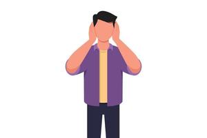 Business flat drawing young businessman covering or closing his ears with hands, making don't hear or listen gesture. Male manager does not want to hear or listen. Cartoon graphic vector illustration