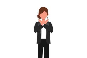 Business design drawing young businesswoman crossing arms and saying no gesture. Person making X shape, stop sign with hands and negative expression. Flat cartoon style graphic vector illustration