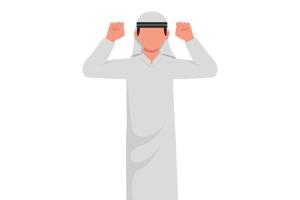 Business flat cartoon style drawing happy employee of company stands in strong pose. Arabian businessman with gestures two hand fist up. Office worker. Achievement. Graphic design vector illustration