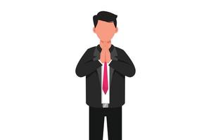 Business flat cartoon style drawing young attractive businessman holding palms in prayer. Male manager welcome gesture at office. Worker praying hands together. Graphic design vector illustration