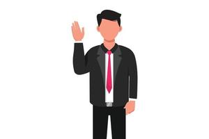 Business flat cartoon style drawing businessman standing and rejecting something with stop hand gesture. Strict boss showing stop gesture sign with palm of the hand. Graphic design vector illustration