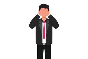 Business design drawing businessman covering or closing his eyes with hands and making don't see gesture. Man shows scary, fear, does not want to see gesture. Flat cartoon style vector illustration