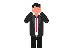 Business design drawing businessman covering or closing his eyes with hands and making don't see gesture. Man shows scary, fear, does not want to see gesture. Flat cartoon style vector illustration