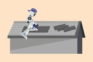 Business flat cartoon style drawing robot roofer installing wooden or shingle. Roofer fixing house roof with electric screwdriver. Robotic artificial intelligence. Graphic design vector illustration