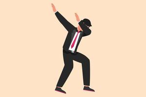 Business flat cartoon style drawing happy businessman standing with crossing arms and look down. Successful office worker celebrates salary increase from company. Graphic design vector illustration