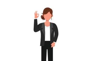 Business flat drawing businesswoman in formal blazer gesturing ok sign. Okay sign, gesture language. Smiling female manager standing showing ok sign with fingers. Cartoon design vector illustration