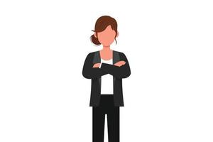 Business flat cartoon style drawing confident young businesswoman with keeping arms crossed. Active female manager or office worker standing with folded arms pose. Graphic design vector illustration