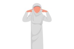 Business flat drawing Arab businesswoman covering ears with fingers. Annoyed expression for noise of loud sound or music. Female manager won't hear failed project. Cartoon design vector illustration