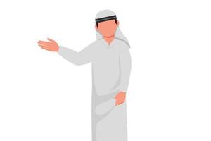 Business flat cartoon style drawing handsome Arabian businessman in traditional clothes presenting something. Male manager showing something or presenting project. Graphic design vector illustration