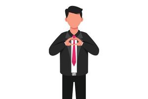 Business flat drawing standing businessman showing heart sign with his hands expressing love, passion, support and care. Man making heart gesture in front of chest. Cartoon design vector illustration