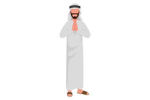 Business flat cartoon style drawing young attractive Arab businessman holding palms in regards. Male manager welcome gesture at office. Worker hold hands together. Graphic design vector illustration