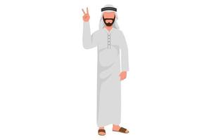Business flat drawing young Arab businessman showing peace gesture with finger. Male character with victory sign. Expression of feelings and emotions. Body language. Cartoon design vector illustration