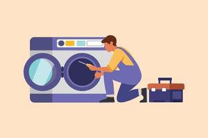 Business design drawing professional repairman fixing washing machine at home. Plumbing specialist with toolbox, fixing or repairing washer for business laundry. Flat cartoon style vector illustration