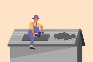 Business flat cartoon style drawing roofer installing wooden or bitumen shingle. Roofer man fixing house roof with electric screwdriver. Repairman repair occupation. Graphic design vector illustration
