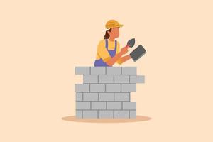 Business design drawing beautiful repairwoman building brick wall. Construction worker in overalls and helmet doing work. Builder concept. Repair work services. Flat cartoon style vector illustration