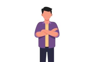 Business flat drawing smiling confident young businessman with keeping arms crossed. Active male manager or office worker standing with folded arms pose. Cartoon graphic design vector illustration
