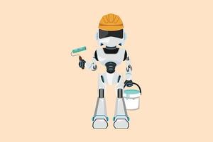 Business flat drawing robot repairman standing and holding roller and bucket of paint, home repairs, painting walls in house. Humanoid robot cybernetic organism. Cartoon design vector illustration