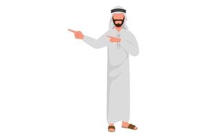 Business design drawing Arab businessman pointing away hands together, showing or presenting something while standing and smiling. Office worker present product. Flat cartoon style vector illustration