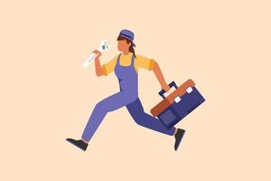 Business flat drawing mechanic repairwoman worker with tools is running. Technical service. Plumber with monkey wrench and toolbox run forward. Handywoman working. Cartoon design vector illustration