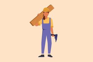 Business design drawing timber frame house construction worker. Repairwoman standing with board, tool box, drill. Building, construction, repair work services. Flat cartoon style vector illustration