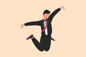 Business flat cartoon style drawing happy businessman jump with raised legs and spread arms. Male manager celebrating success of increasing company's product sales. Graphic design vector illustration