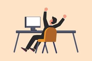 Business flat drawing back view happy businessman completed task and triumphing with raised hands on desk, workplace. Successful well done work or business project. Cartoon design vector illustration