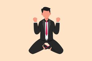 Business design drawing happy businessman kneeling with both hands and yes gesture. Manager celebrating success of increasing company achievement, target, goals. Flat cartoon style vector illustration
