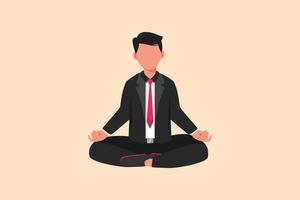 Business flat drawing relaxed businessman doing yoga and resting from busy work. Office worker sitting in yoga pose, meditation, relaxing, calm down, manage stress. Cartoon design vector illustration