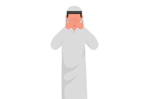 Business flat cartoon style drawing Arabian businessman covering mouth with hands. Male mouth, hand shocked with shame for mistake, fear, scared in silence, secret. Graphic design vector illustration