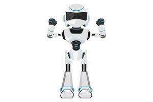Business design drawing robot stands in strong pose. Robot with gestures two hand fist up. Humanoid robot cybernetic organism. Future robotic tech development. Flat cartoon style vector illustration