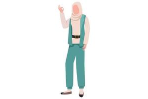 Business flat drawing Arab businesswoman showing OK sign with hand. Satisfied fashionable female manager gesturing all right, okay with fingers, approving something. Cartoon design vector illustration