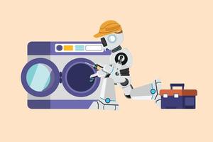 Business flat drawing robot repairman fixing washing machine at home. Plumbing specialist with toolbox. Humanoid robot cybernetic organism. Future robot development. Cartoon design vector illustration