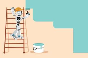 Business flat cartoon style drawing robot painter standing on ladder paints wall. Robotic repairman provide home construction work. Robotic artificial intelligence. Graphic design vector illustration