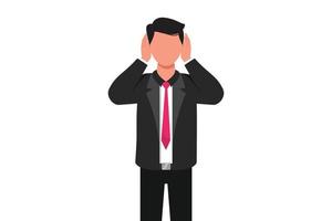 Business design drawing businessman covering with hands his ears. Office worker making don't hear or listen gesture. Manager does not want to hear or listen. Flat cartoon style vector illustration