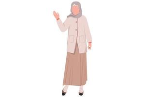 Business flat cartoon style drawing Arab businesswoman standing and rejecting something with stop hand gesture. Strict boss showing stop gesture sign with palm hand. Graphic design vector illustration