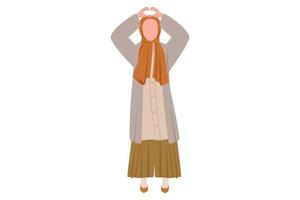 dibujo de estilo de dibujos animados planos de negocios mujer de negocios árabe que muestra el signo del corazón con las manos, apoyo, cuidado. la joven muestra un gesto de amor con dos dedos en la parte superior de la cabeza. ilustración vectorial de diseño gráfico vector