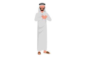 Business flat drawing Arabian businessman with pleased expression keeps hands on chest, impressed by good words of gratitude. Man expresses love, thankful feelings. Cartoon design vector illustration