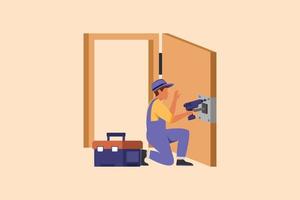 Business flat drawing door service decoration. Repairman in overalls with special equipment repair door element. Locksmith fix lock. Construction indoor services. Cartoon design vector illustration