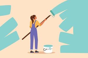 Business flat drawing painter decorator repairwoman at work. Female repair worker holding paintbrush roller, painting house apartment wall, home renovation service. Cartoon design vector illustration