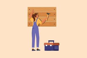 Business flat drawing professional worker in overalls hammering wall. Nail in wood. Beauty repairwoman work at home. Building, construction and repair work services. Cartoon design vector illustration